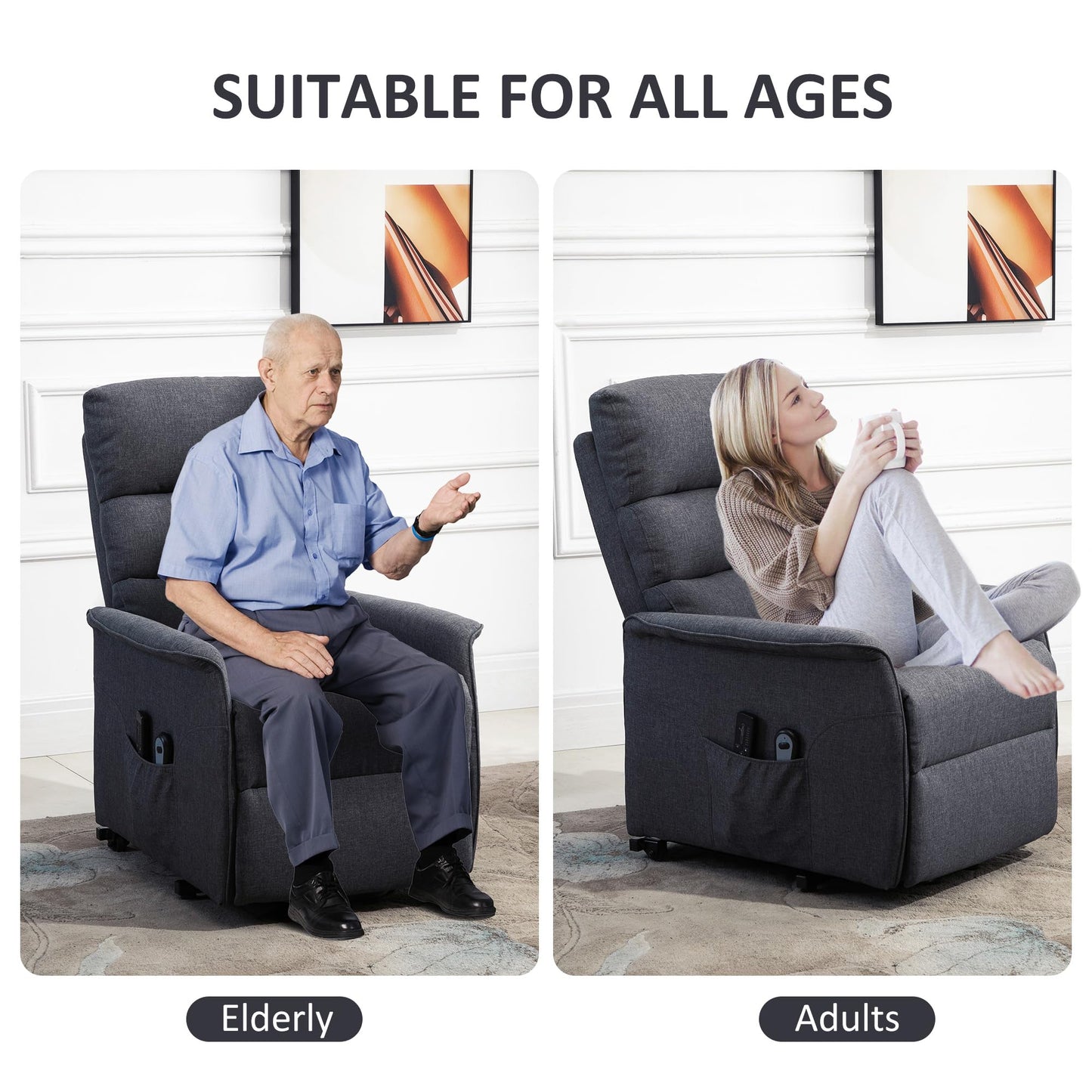HOMCOM Power Lift Recliner Chair for Elderly, Easy Assembly, Fabric Lift Chair for Adults, Recliner Sofa with Remote Control, Side Pockets for Living Room, Gray