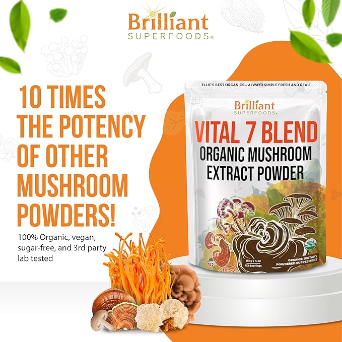 Ellie's Best 7 Mushroom Powder Extract Blend Supplement - Organic Reishi, Lion's Mane, Chaga, Turkey Tail, Cordyceps, Maitake & Shiitake - Double Extracted - 16oz / 456 Servings…