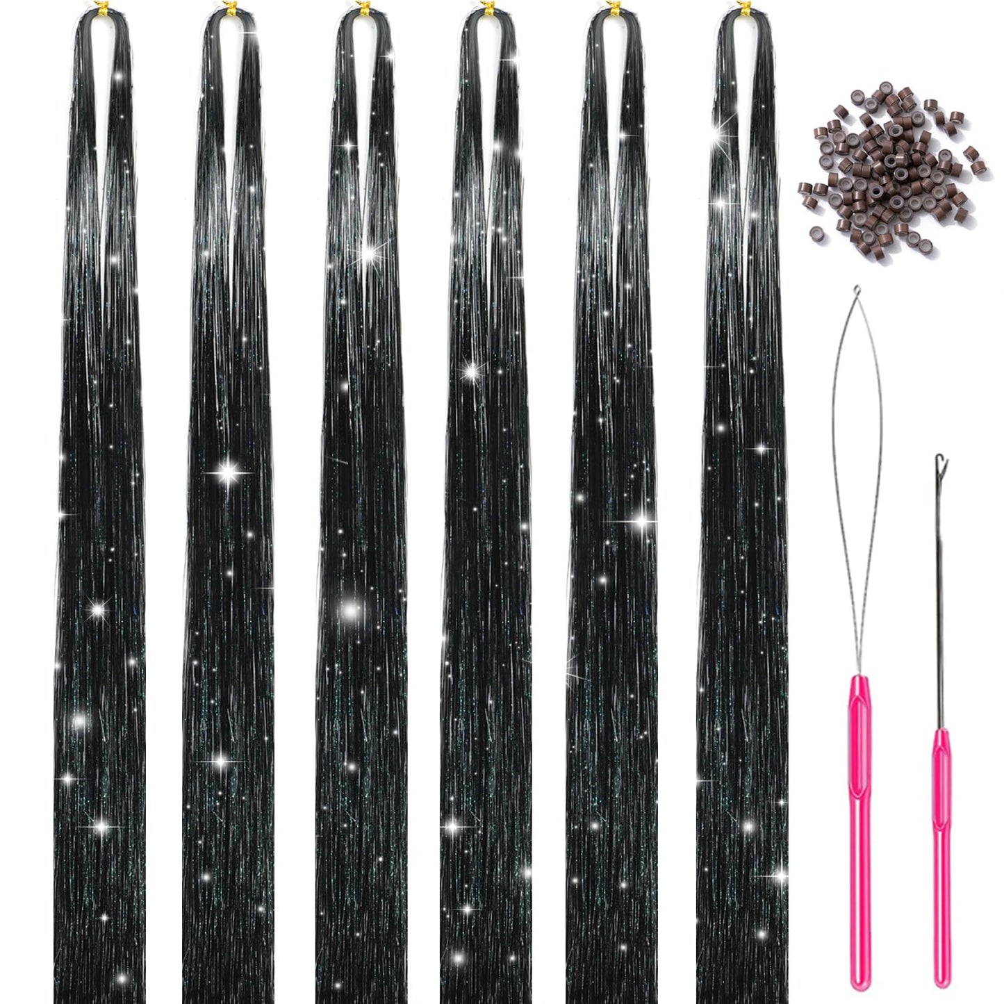 Missuhui Hair Tinsel Kit With Tools 47Inch 1200 Strands Glitter Tinsel Hair Extensions Sparkling Shiny Fairy Hair Tinsel Strands