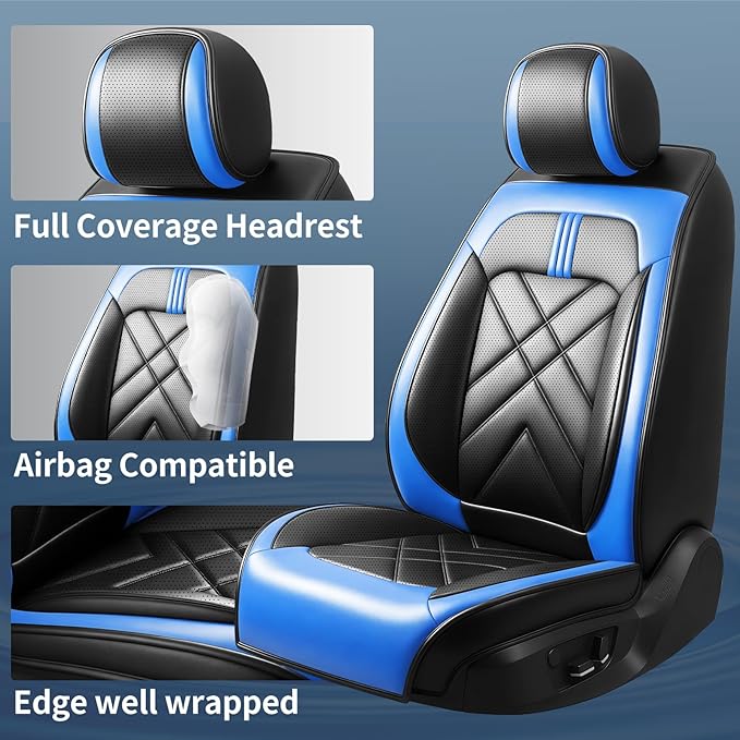 Car Seat Covers Compatible with Mazda 6 2007-2021, Full Coverage Premium Leather Waterproof Breathable Seat Covers, Automotive Seat Protectors, Airbag Compatible(Full Set Seats, Black-Blue)