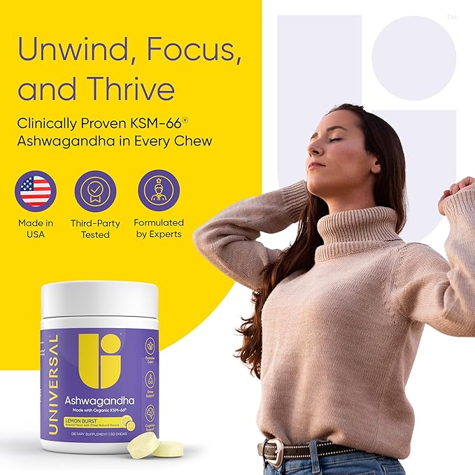 Ashwagandha KSM- 66 Chews - Daily Stress, Cognitive Function and Mood Support Chewable Supplement, Highly Bioavailable Full Spectrum KSM66 Ashwagandha Root Extract, Calm & Relaxation - Lemon, 60 Count