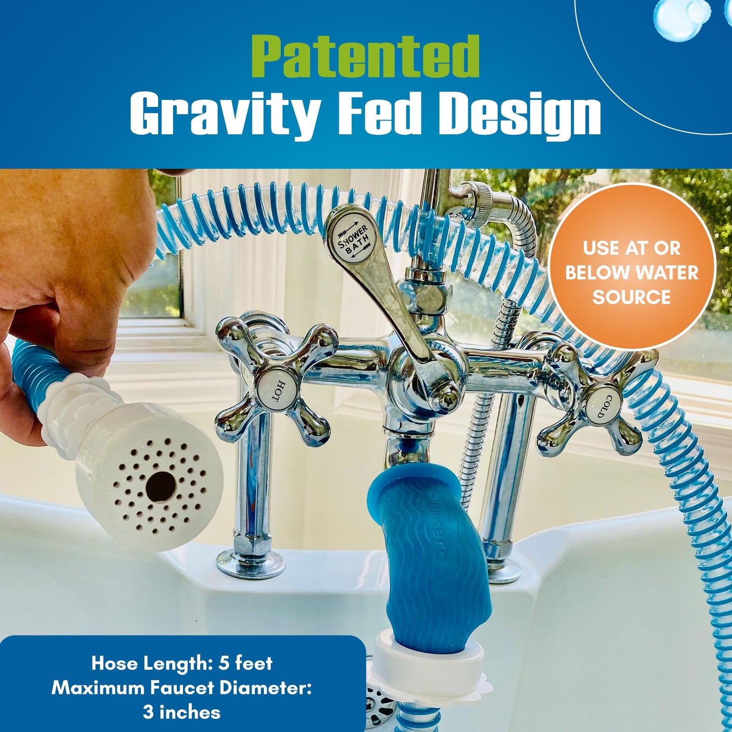 Rinseroo Slip-On Bathtub Faucet Sprayer Attachment. Ultra-Flex Dog Shower Adapter Portable With Pet Showerhead. Attach to Tub Spout 5 Foot Hose. No Install for Speedy Washing