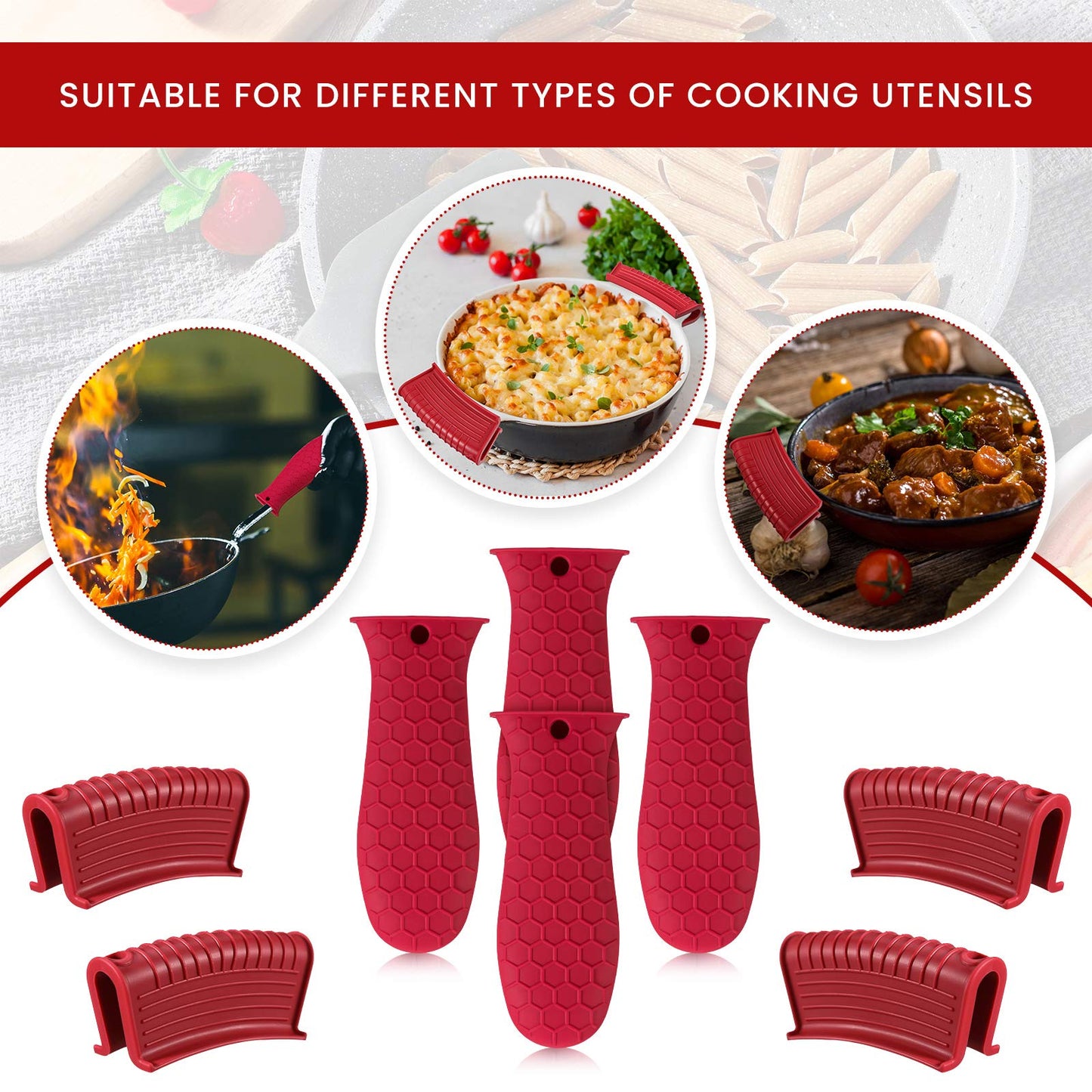 Patelai 8 Pcs Silicone Pot Holders Set Cast Iron Handle Cover Heat Resistant Pot Handle Covers Potholder Non Slip Reusable Pan Sleeve for Frying Pan Kitchen Supplies(Red)
