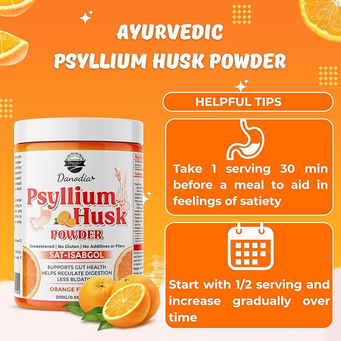 Danodia Foods Organic Psyllium Husk Powder Mild Orange Flavor, 200g (8.8oz) | Sat-Isabgol with 5 Added Herbs | Unsweetened, Gluten-Free, Natural Fiber Supplement for Digestive Health