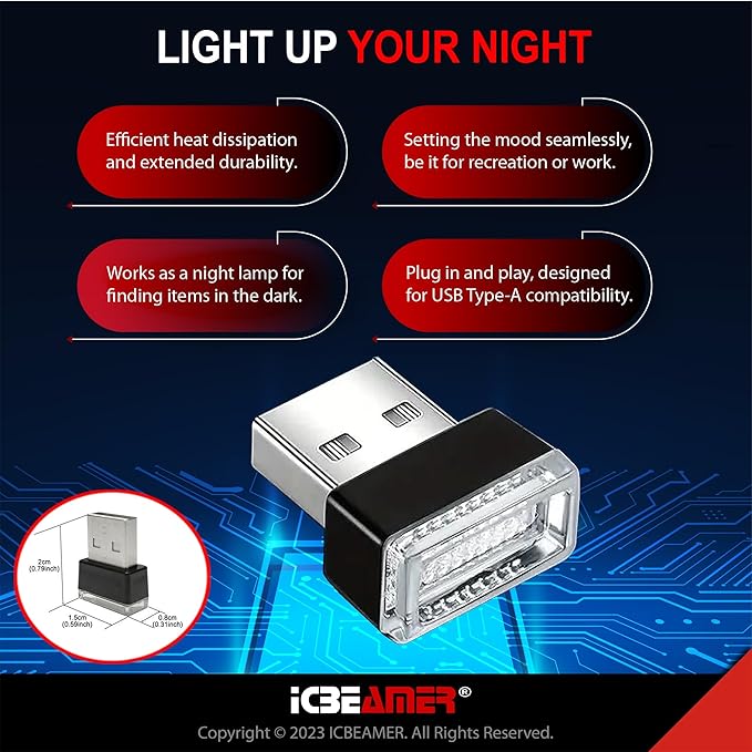 ICBEAMER Mini USB LED Light 1-Pack (Red) | Direct Plug-in Miniature/Nano Car Interior Ambient Accent Lighting Kit, Universal Fit for Auto Interior and Trunk