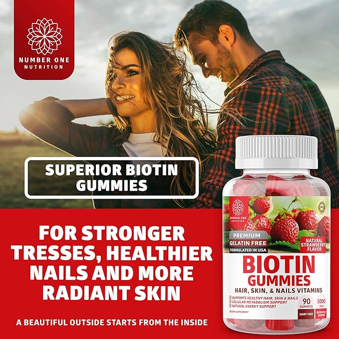 Number One Nutrition N1N Premium Biotin Gummies 5000mcg [High Potency, 90 Gummies] for Healthy Hair, Skin and Nails for Adults and Kids, Vegan, Non-GMO, Pectin Based