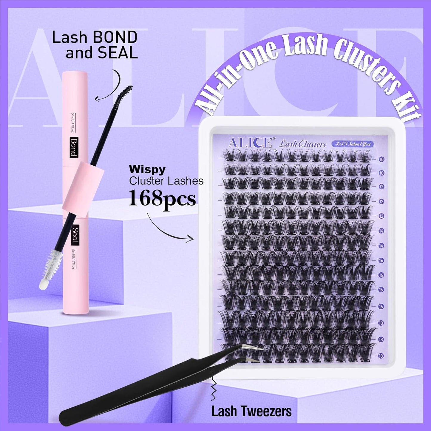 ALICE DIY Eyelash Extension Kit | 196pcs Natural Wispy Clusters | 10-18mm