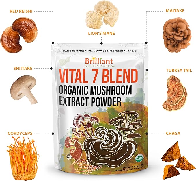Ellie's Best 7 Mushroom Powder Extract Blend Supplement Organic 114 Servings High Potency Double Extracted Cordyceps, Reishi, Turkey Tail, Chaga, Lion's Mane - 4oz