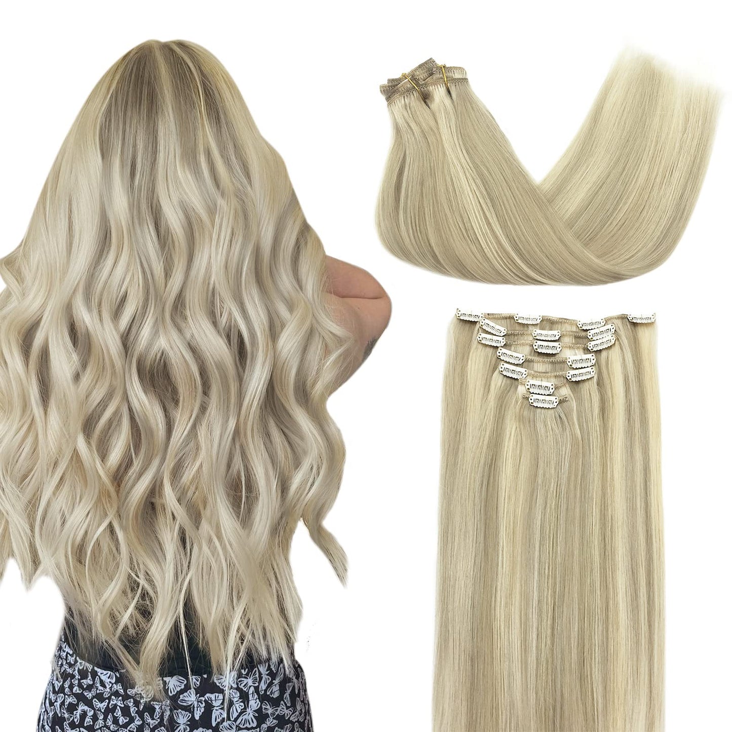 Doores Clip In Hair Extensions Real Human Hair, Balayage Ash Blonde Highlighted Platinum Blonde 120G 7Pcs 18 Inch Natural Straig