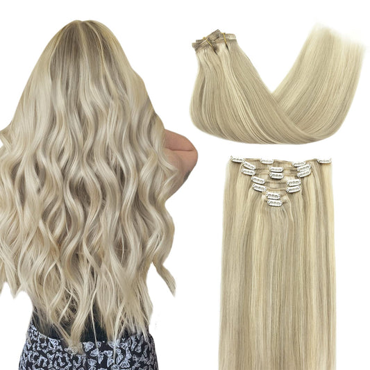 Doores Clip In Hair Extensions Real Human Hair, Balayage Ash Blonde Highlighted Platinum Blonde 120G 7Pcs 18 Inch Natural Straig