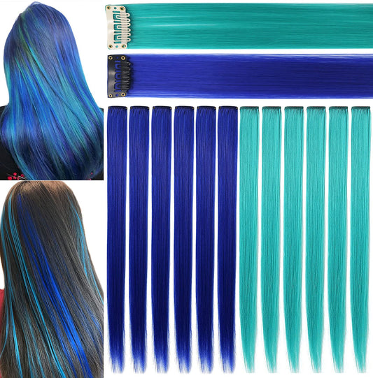 Rhyme 12 Pcs Princess Party Highlight Blue Teal Hairpieces Colored Hair Extension Clip In/On For Amercian Girls Wig Pieces For K