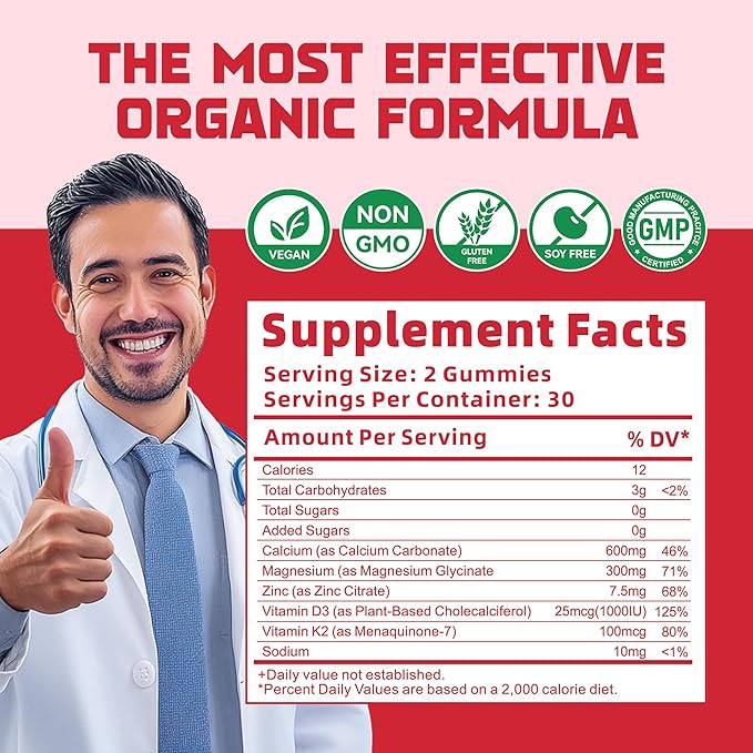 Calcium Magnesium Zinc Gummies with Vitamin D3 & K2 - High Potency Enhanced Absorption -60 Strawberry Gummies Flavored.