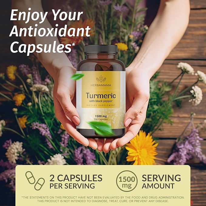 HERBAMAMA Curcumin Turmeric Capsules - 1500mg Curcuma Longa and Black Pepper Extract for Uric Acid & Digestive Support - Vegan, Non-GMO Turmeric Antioxidant Supplement, 250 Caps
