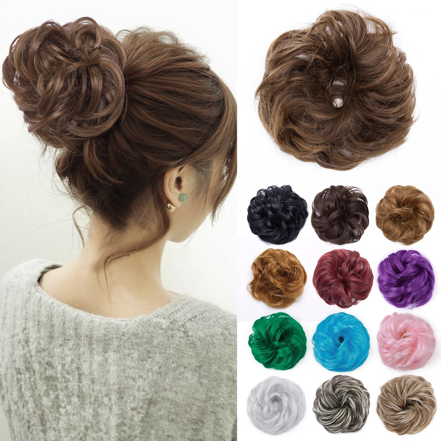 Benehair Messy Bun Hair Pieces Scrunchy Updo Fluffy Scrunchies Donut Top Knot Hairpiece Synthetic Curly Wavy Messy Chignons With