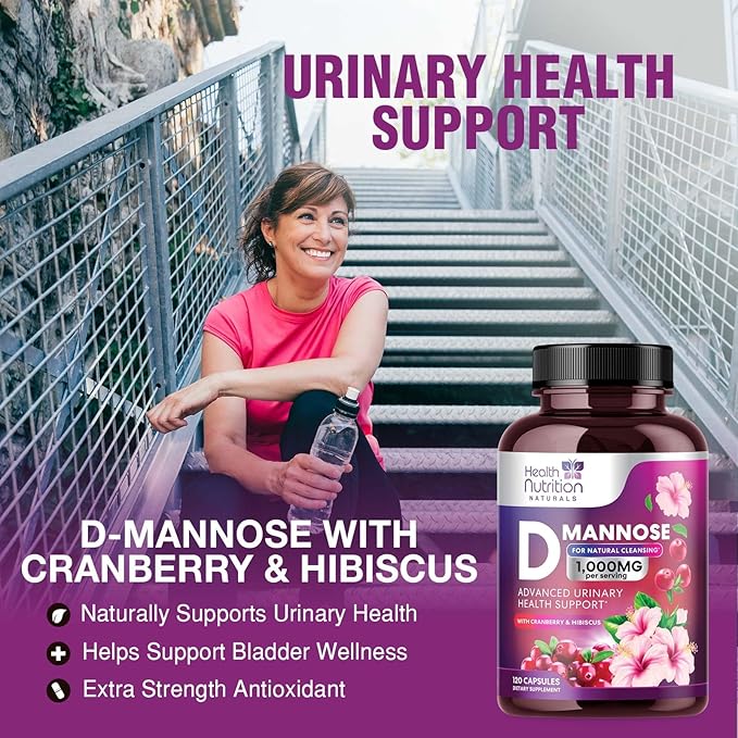 D-Mannose with Cranberry, Hibiscus & Dandelion 1350mg Advanced Formula – Urinary Tract Support Supplement for Women & Men – Flush & Cleanse Impurities – Non-GMO, Vegan for Women & Men – 120 Capsules