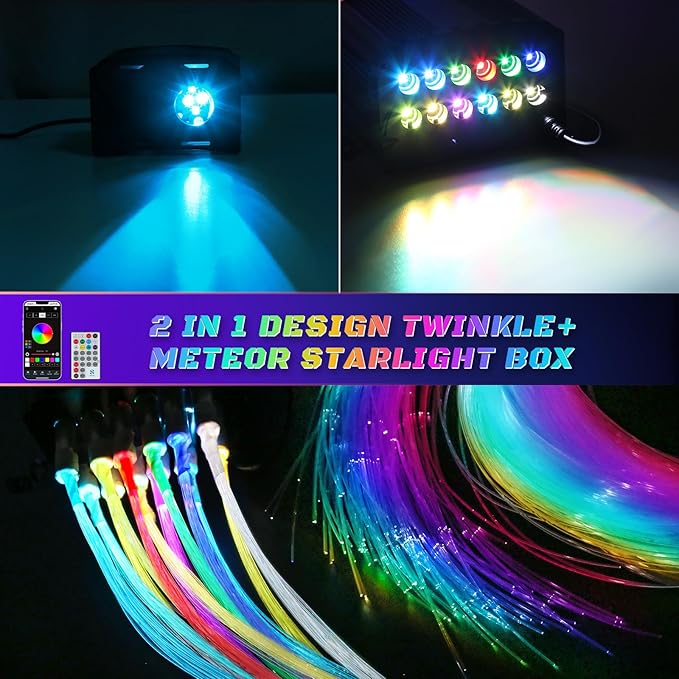 Car Starlight Headliner Kit, 16W Twinkle & Meteor Star Ceiling Lights, 2 in 1 Fiber Optic Light Engine 1100pcs*0.02in*9.8ft+240 RGBW Shooting Stars Lights for Car Home Roof Décor