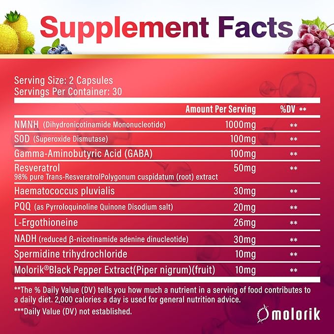 NMNH (Dihydronicotinamide Mononucleotide), 1000mg Per Serving NAD High Purity Supplement Alternative, Capsules Gluten Free, Non-GMO, for Anti-Aging, Energy, Focus - 060