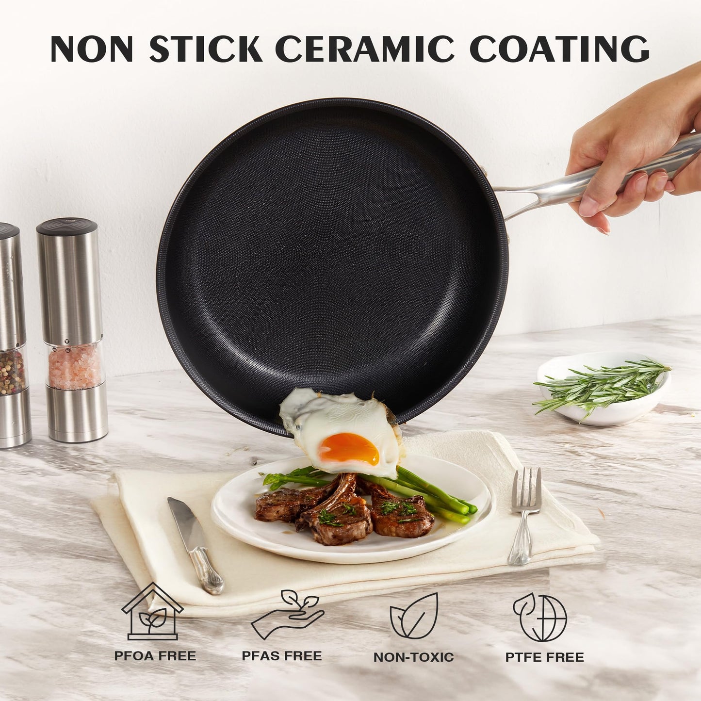 KITEXPERT Non Stick Frying Pans Set, Titanium Ceramic Pan with Lids, Nonstick Skillet Stainless Steel, PFAS PFOA & PTFE Free, Dishwasher & Oven Safe, All Cooktops Compatible, 3 Piece (8, 10, 12")