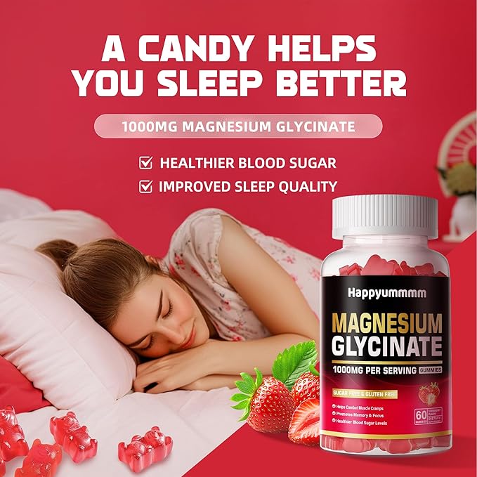 Magnesium Glycinate Gummies 1000mg - Sugar Free Magnesium Potassium Supplement with Vitamin D, B6, CoQ10 for Calm Mood & Sleep Support - 120 Strawberry Gummies
