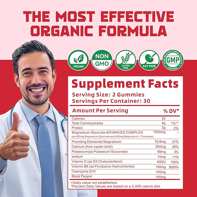 Magnesium Glycinate Gummies 1000mg - Sugar Free Magnesium Potassium Supplement with Vitamin D, B6, CoQ10 for Calm Mood & Sleep Support - 60 Strawberry Gummies