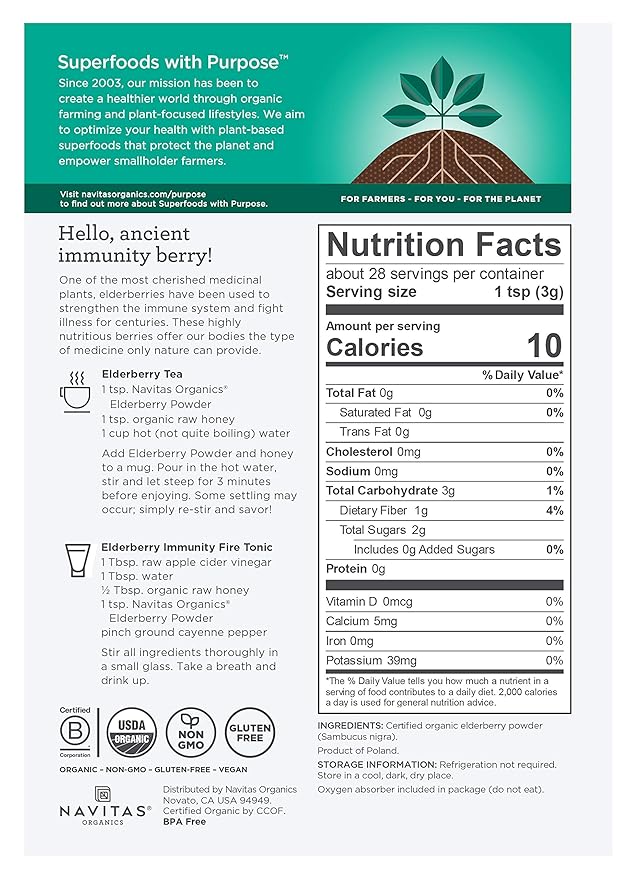 Navitas Organics Elderberry Powder, 3oz Bag, 28 Servings — Organic, Non-GMO, 100% Whole Elderberry Powder for Immune Support (Pack of 2)