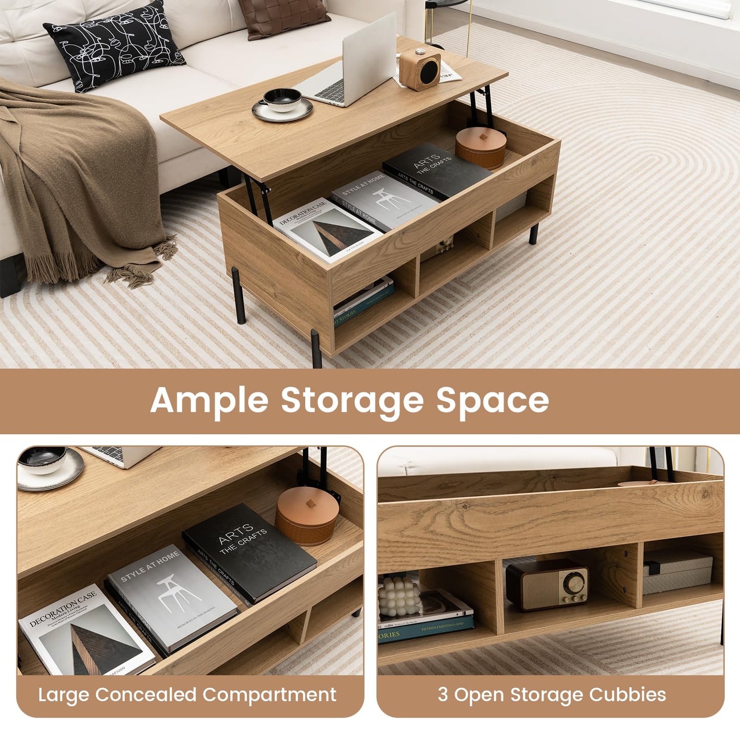 Giantex Lift Top Coffee Table - Rectangular Wooden Table w/Hidden Compartment & Open Storage Shelves, Multifunctional Modern Flip Top Center Table for Living Room, Reception Room, Office (Natural)
