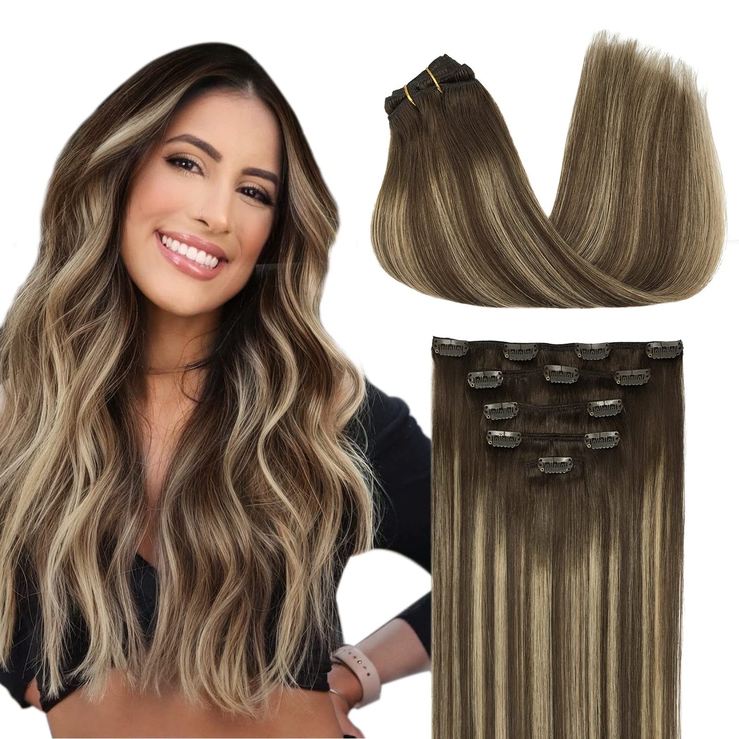 Doores Clip In Human Hair Extensions, 5Pcs 80G 20 Inch Balayage Chocolate Brown To Honey Blonde, Straight Long Hair Extensions R