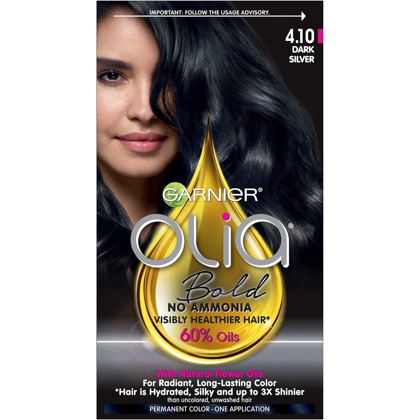 Garnier Olia Permanent Hair Color With Non-Drip Velvet Cream Formula, Bold Collection, Ammonia Free Dye, 4.10 Dark Silver
