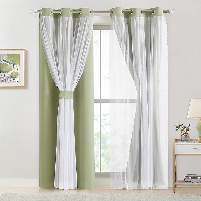 Bujasso Sage Green 90% Blackout Curtains with Sheer Overlay Mix and Match Double Layer Thermal Insulated Window Panels 63 inch Living Room Bedroom Green Drapes with Tiebacks Grommet Top 37" Wx63 Lx2