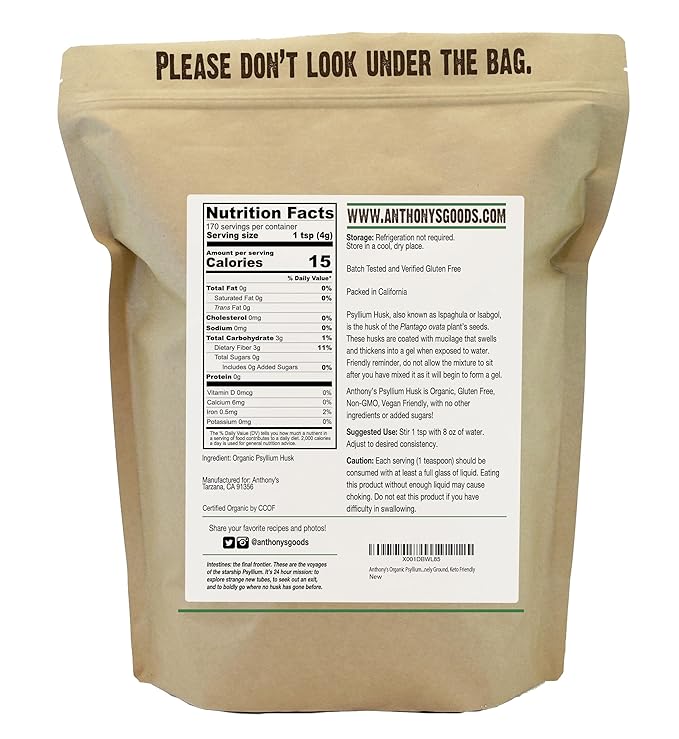 Anthony's Organic Psyllium Husk Powder, 1.5 lb, Gluten Free, Non GMO, Finely Ground, Keto Friendly