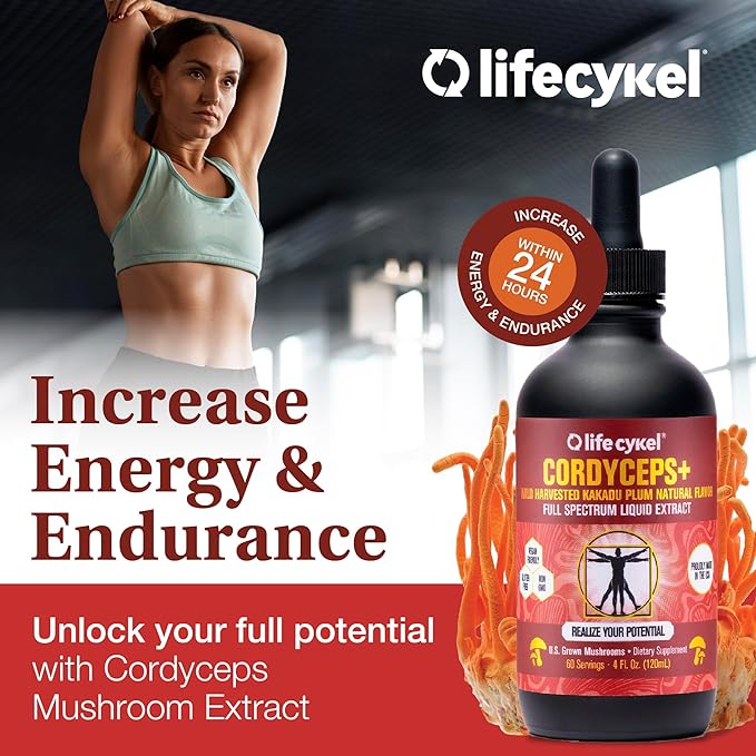 Lifecykel Cordyceps Mushroom Extract with Kakadu Plum - Energy, Stamina & Vitality Support, Natural Aging Supplement - Non-GMO and Vegan Tincture - 4Fl Oz
