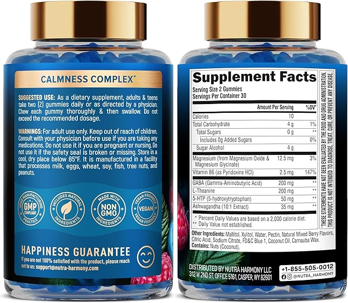 Stress Relief Support 500 mg - Relax, Calm & Sleep Support - Stress Gummies with L-Theanine | GABA | Ashwagandha | 5-HTP | Vitamin B6 & Magnesium - Sugar-Free, Vegan, Mixed Berry Flavor, Pack of 3