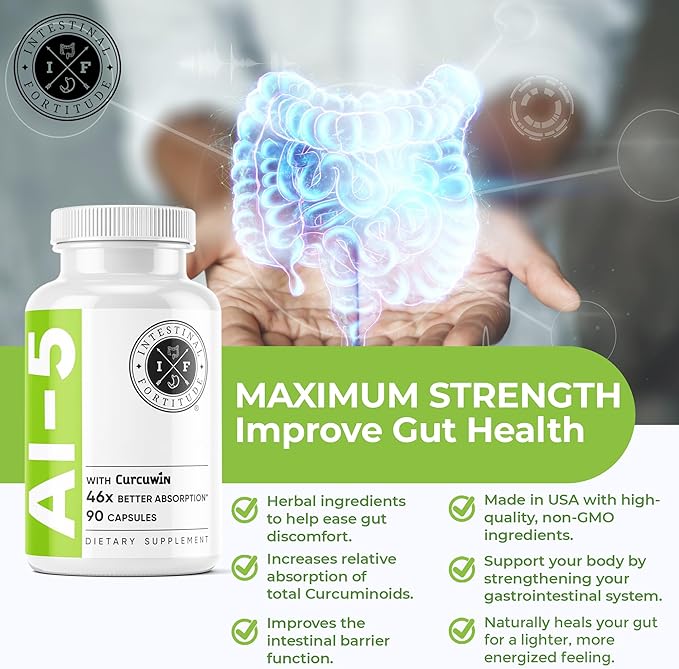 Intestinal Fortitude AI-5 - Digestive Herbal Capsule Supplement w/CurcuWIN, Turmeric, Curcumin, Boswellia Serrata, Ginger Root & EGCG Green Tea for Gut & DigestiveHealth Support, Non-GMO, Dairy Free