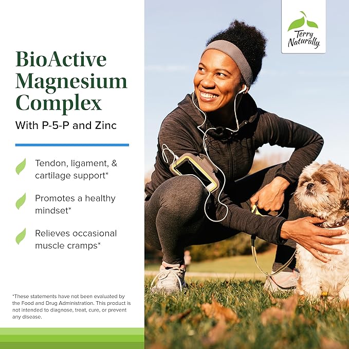 Terry Naturally BioActive Magnesium Complex - Bone & Heart Health Support - Supplement with Vitamin B6, Zinc & Magnesium - Pyridoxal-5-Phosphate Vegan Capsule Supplement - 120 Capsules
