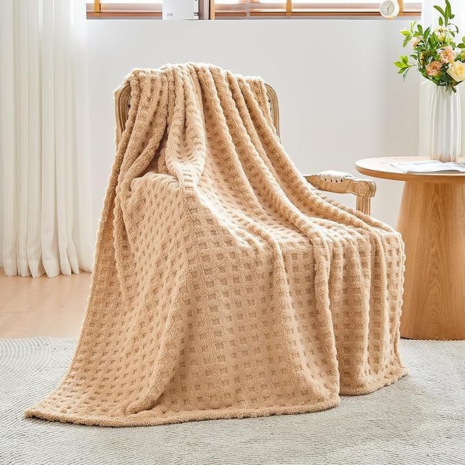 NEWCOSPLAY Super Soft Throw Blanket Brown Premium Silky Flannel Fleece 3D Waffle Checkered Lightweight Bed Blanket All Season Use (Brown, Throw(50"x70"))