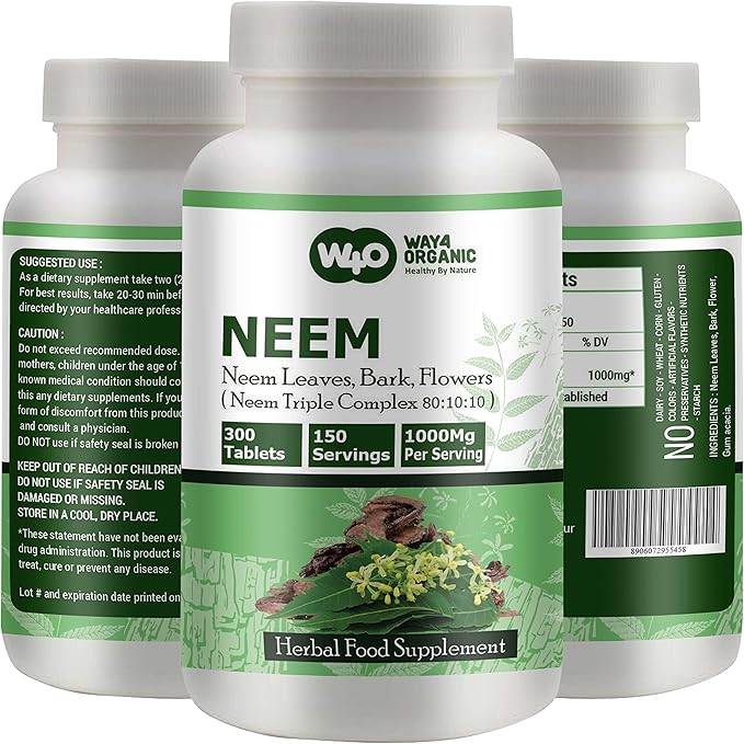 Neem Triple Complex - High-Potency Azadirachta Indica Tablets, Neem Leaves, Bark, Flowers in Ratio (80:10:10) - 300 Tablets, 150 Serving, 1000 Mg (Pack of 2)