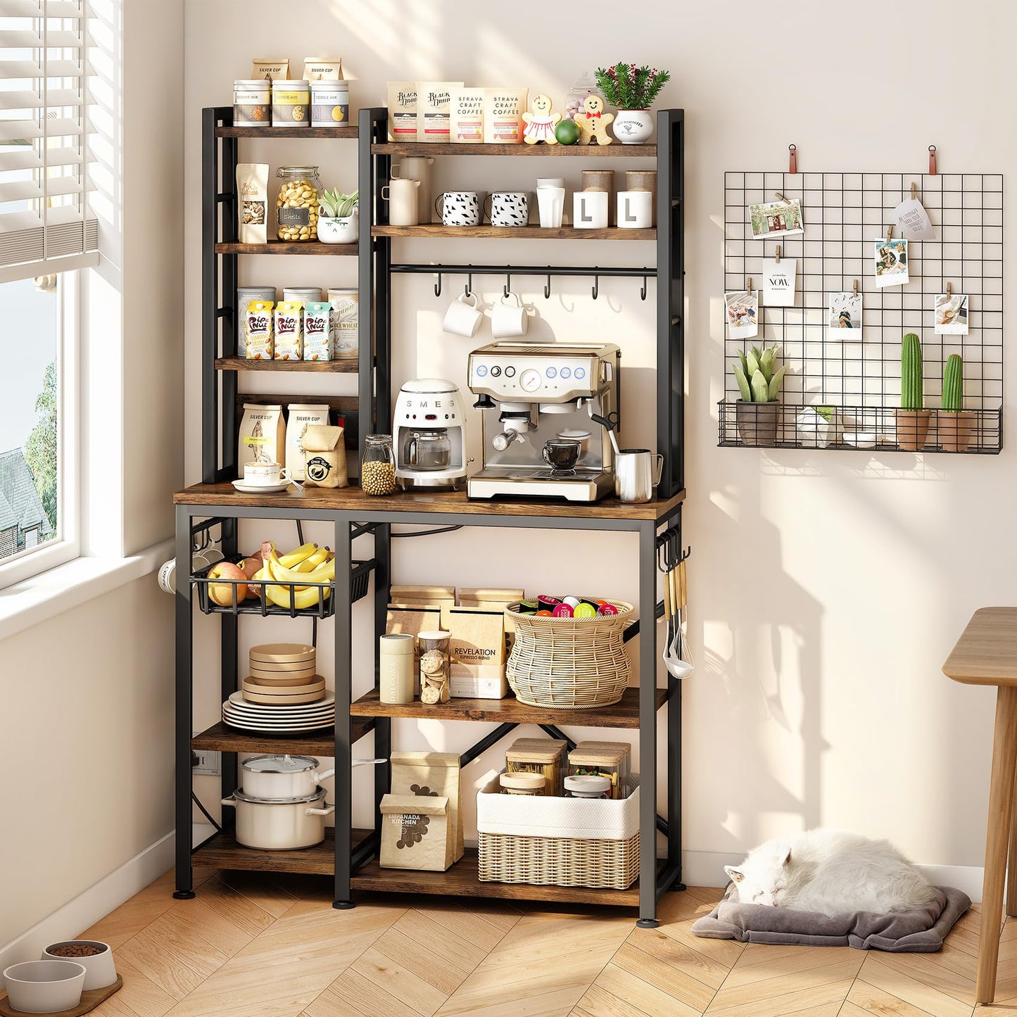 Baker Rack with Power Outlet - Microwave Stand with Storage, Large Coffee Bar Station with 14 Hooks, Metal Kitchen Shelf Rack for Spices, Pots (Rustic Brown)