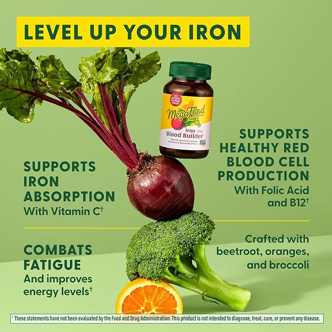 MegaFood Blood Builder Minis, Iron Supplement Clinically Shown to Increase Iron Levels Without Side Effects - Vegan Supplement with Vitamin C, Vitamin B12 & Folic Acid, 60 Tablets (30 Servings)