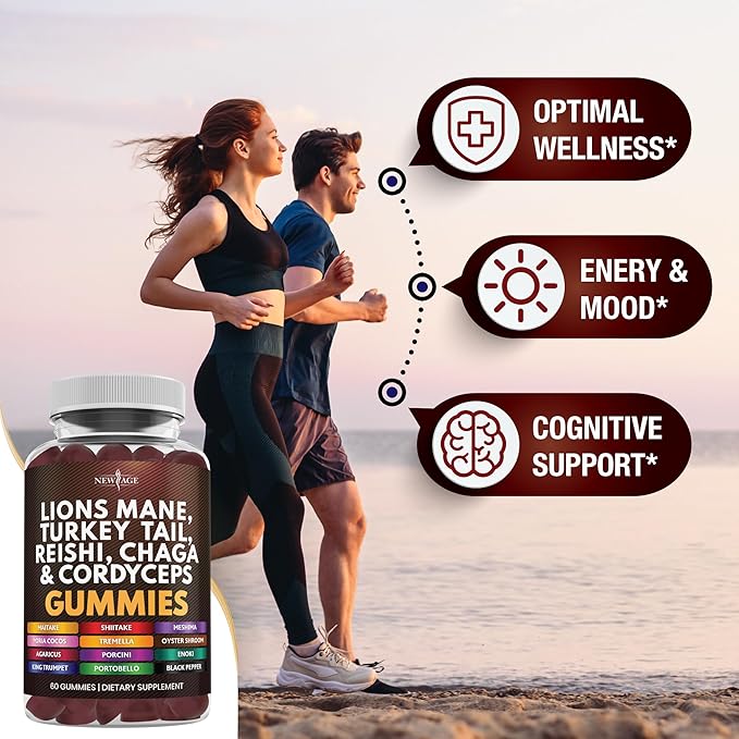 NEW AGE Mushroom Lion's Mane Supplement Gummies - Comprehensive Mushroom Supplement for Cognitive & Immune Support, with Reishi, Cordyceps - 120 Count