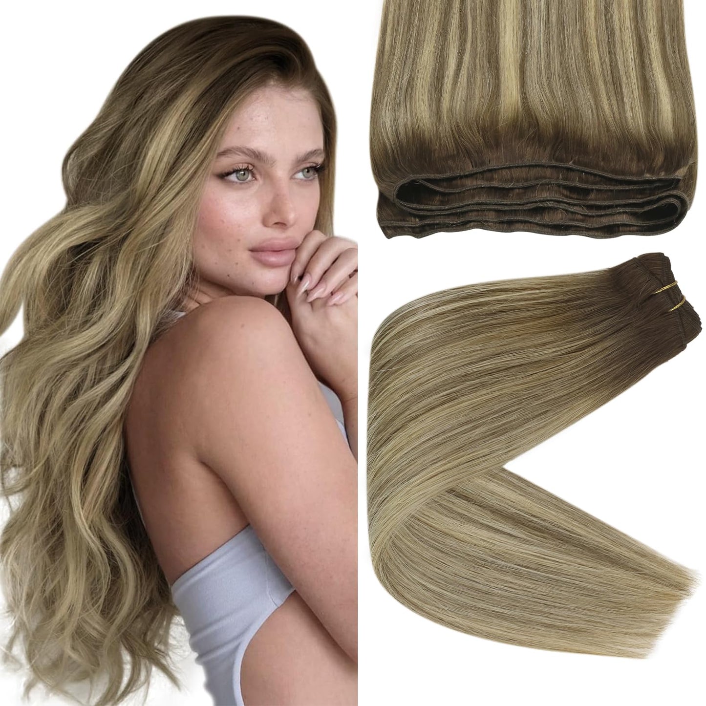 Sunny Ombre Human Hair Weft Extensions Brown Sew In Hair Extensions Balayage Dark Brown Faded Light Brown Mix Blonde Hair Wefts