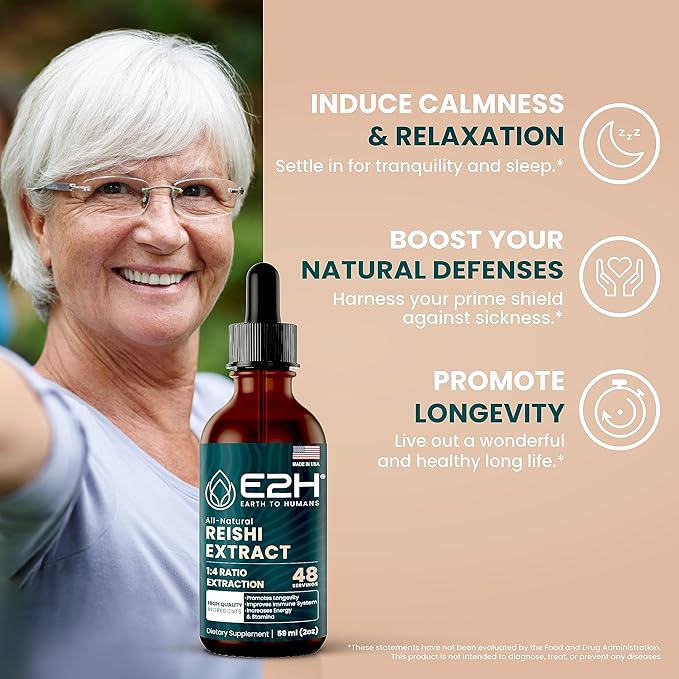 E2H Reishi Mushroom Extract - All-Natural Energy, Vitality and General Wellness Support from Advanced Mushroom Supplement - Reishi Mushrooms Supplement - Non-GMO, Vegan (2 Bottles)