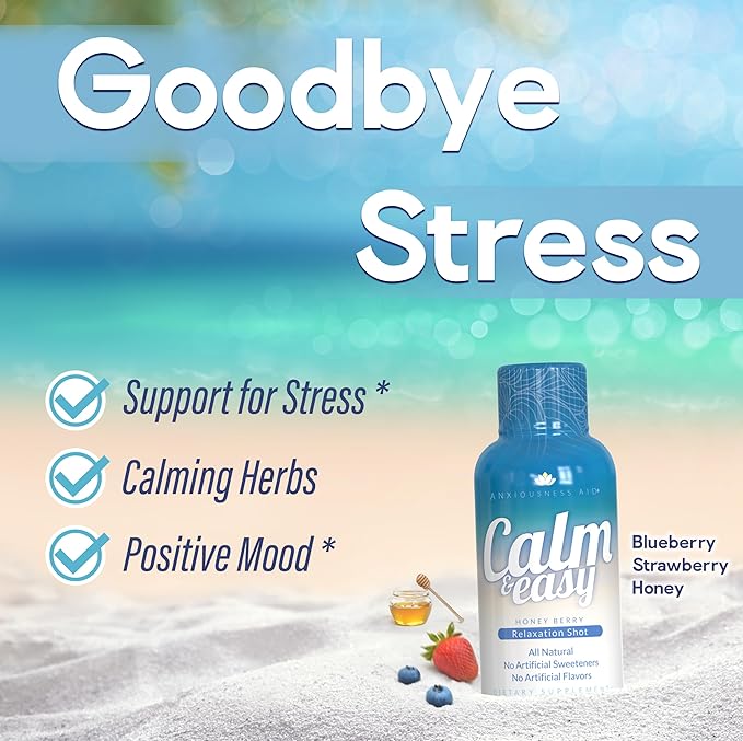 Calm & Easy - Natural Stress Relief Shot, KSM-66 Ashwagandha, Suntheanine L Theanine, Calming Adaptogen Drink, Relaxation, Focus, and Mood | 2 oz Liquid Bottle (12 Pack)