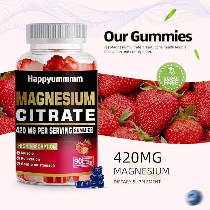 Magnesium Citrate Gummies 420mg per Serving - 180 Strawberry Gummies - Promotes Healthy Relaxation, Muscle, Bone, & Energy Support (2 Pack).