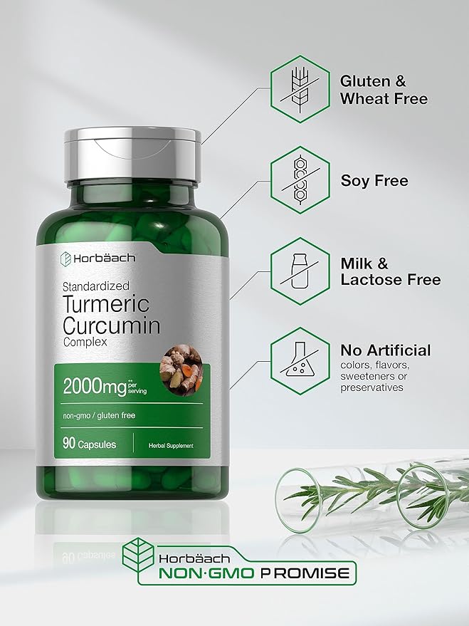 Horbäach Turmeric Curcumin Supplement 2000mg | 90 Capsules | Complex with Black Pepper | Non-GMO, Gluten Free