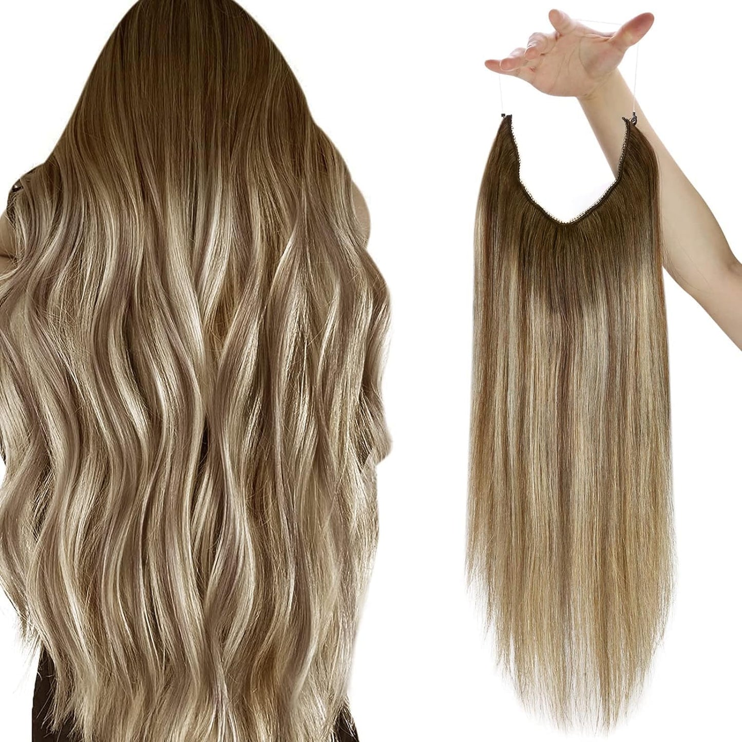 Sunny 120G Wire Hair Extensions Real Human Hair Medium Brown Balayage Platinum Blonde Ombre Fishing Line Hair Extensions With Tr