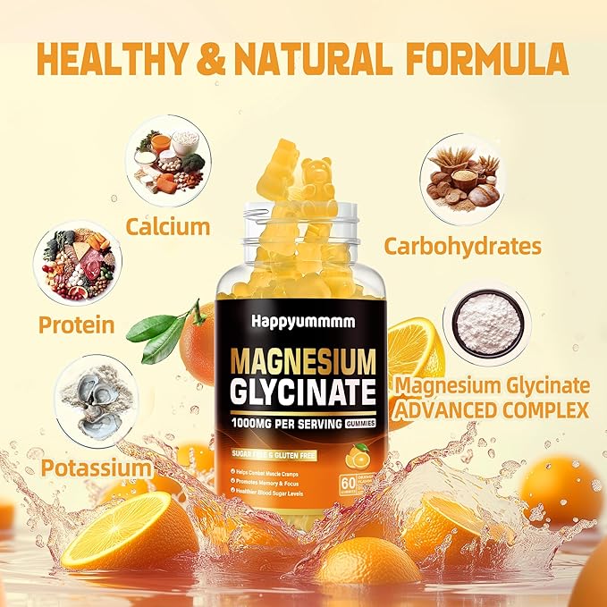 Magnesium Glycinate Gummies 1000mg - Sugar Free Magnesium Potassium Supplement with Vitamin D, B6, CoQ10 for Calm Mood & Sleep Support - 120 Orange Gummies.
