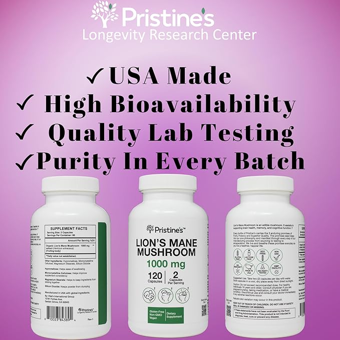 PRISTINE'S Lion's Mane Mushroom 1000mg (2 Pack) Brain Memory & Focus Adaptogen Supplement - 120 Day Supply - Cognitive Function & Immunity Health Memory Supplements for Adults - Vegan - Non-GMO