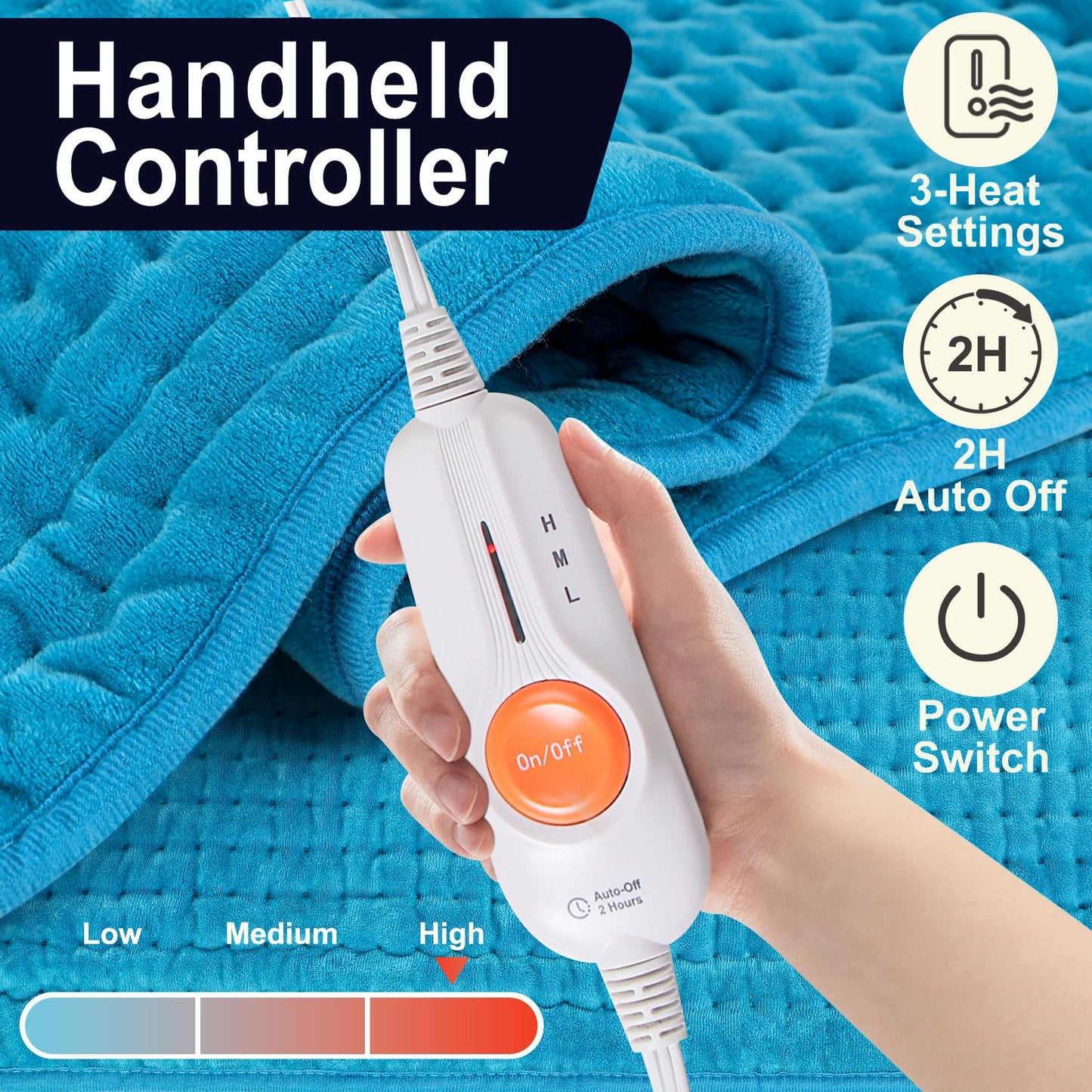 Boileau Electric Heating Pad for Back Pain and Period Cramps Relief, 17"x33" Extra Large XXXL, 3 Heating Levels Heat Pad with 2-Hour Auto Shut Off, Gifts for Women and Mom, Blue
