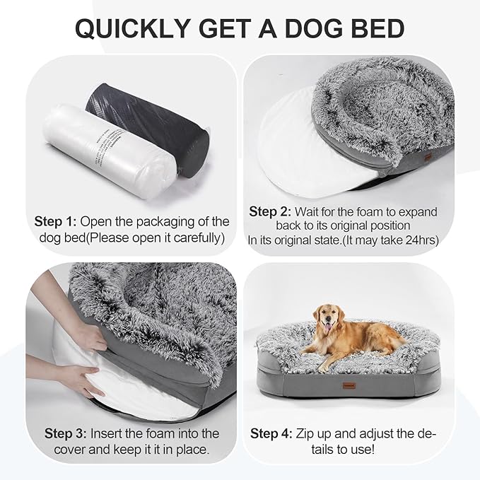 3.7 inch Thickened Orthopedic Dog Beds for Large Dogs, Supportive Dog Sofa Bed with 28D Egg-Crate Foam, Removable Washable Plush Cover, Waterproof Lining, Half-Round Design for Puppy, Senior Dog