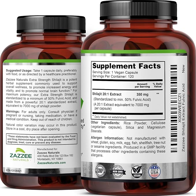 Zazzee 100% Pure Organic Himalayan Shilajit 20:1 Extract, 7000 mg Strength per Capsule, 50% Fulvic Acid, 120 Servings per Bottle, 20X Potency, Rich in Trace Minerals, Non-GMO, Vegan, Made in The USA